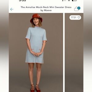 Maeve Anthropologie Light Blue Mock-Neck Dress with Red Orange Accents